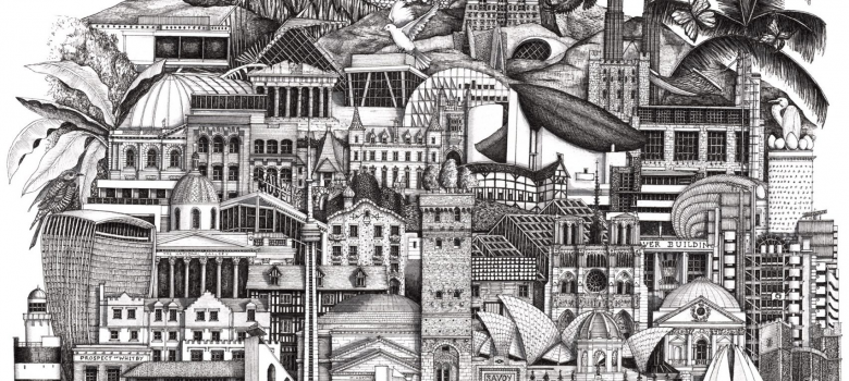 Illustrator Anna Gibb draws Isolation Escapes architecture montage